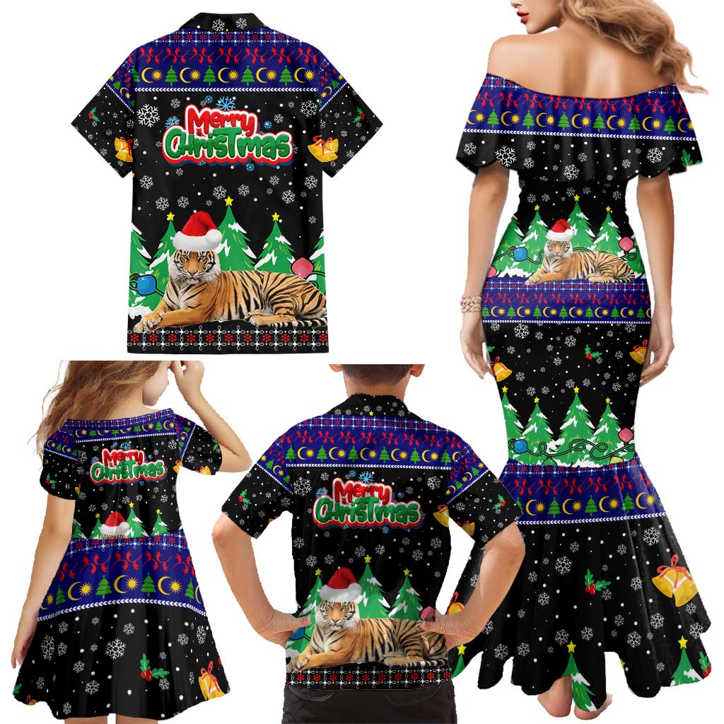 Malaysia Christmas Family Matching Mermaid Dress and Hawaiian Shirt with Tiger Santa Hat Snowflakes and Holiday Tree Pattern - Wonder Print Shop