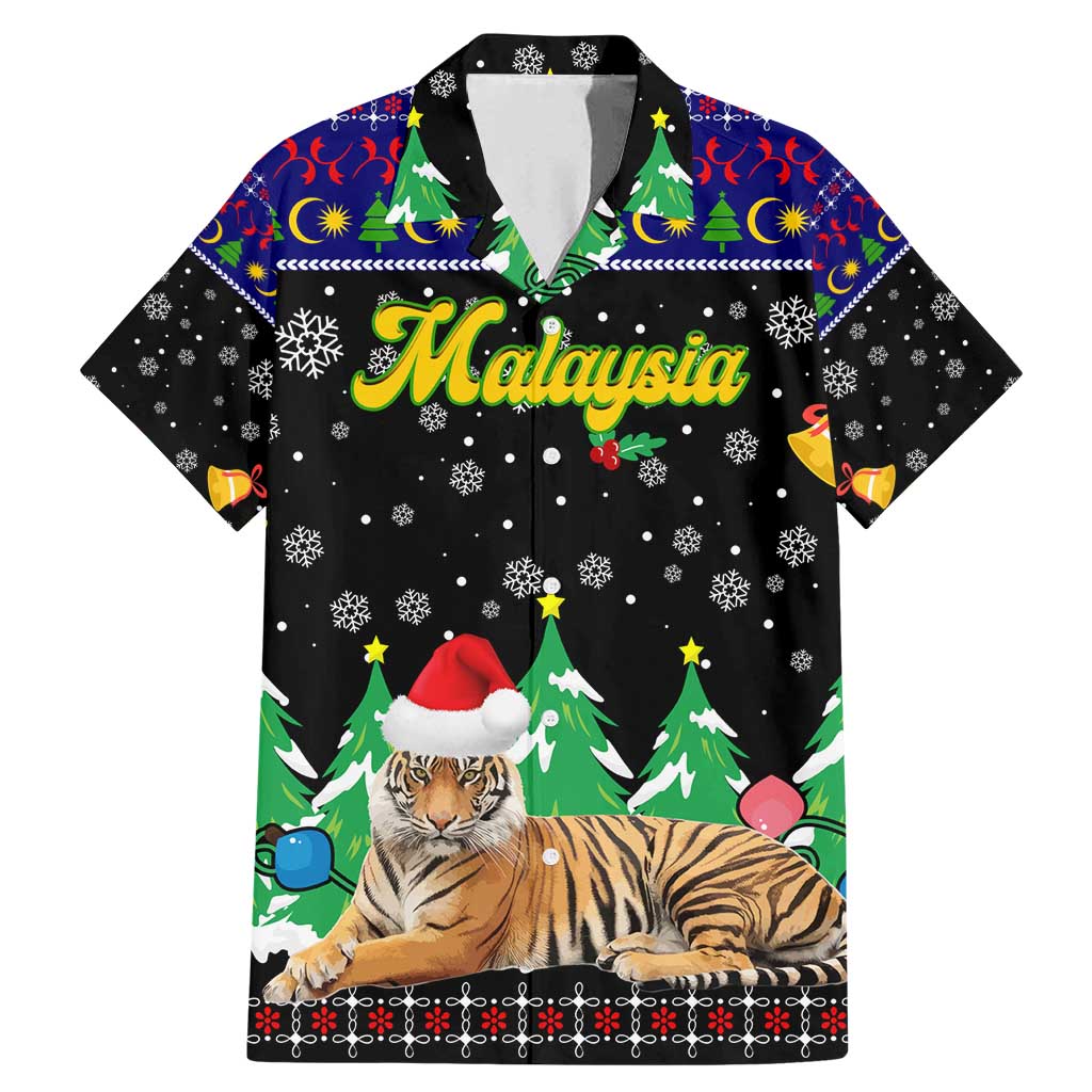 Malaysia Christmas Family Matching Mermaid Dress and Hawaiian Shirt with Tiger Santa Hat Snowflakes and Holiday Tree Pattern - Wonder Print Shop