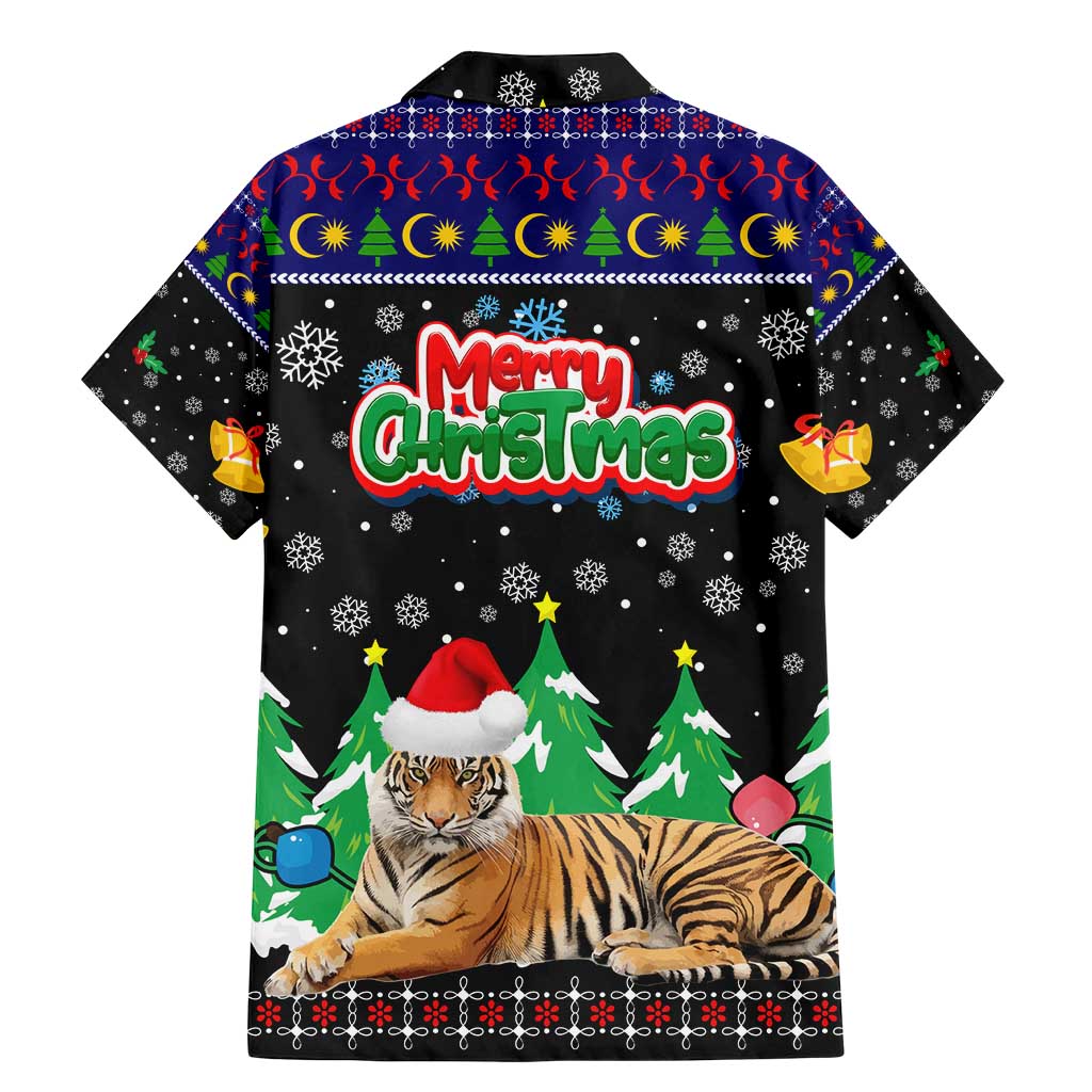 Malaysia Christmas Family Matching Mermaid Dress and Hawaiian Shirt with Tiger Santa Hat Snowflakes and Holiday Tree Pattern - Wonder Print Shop