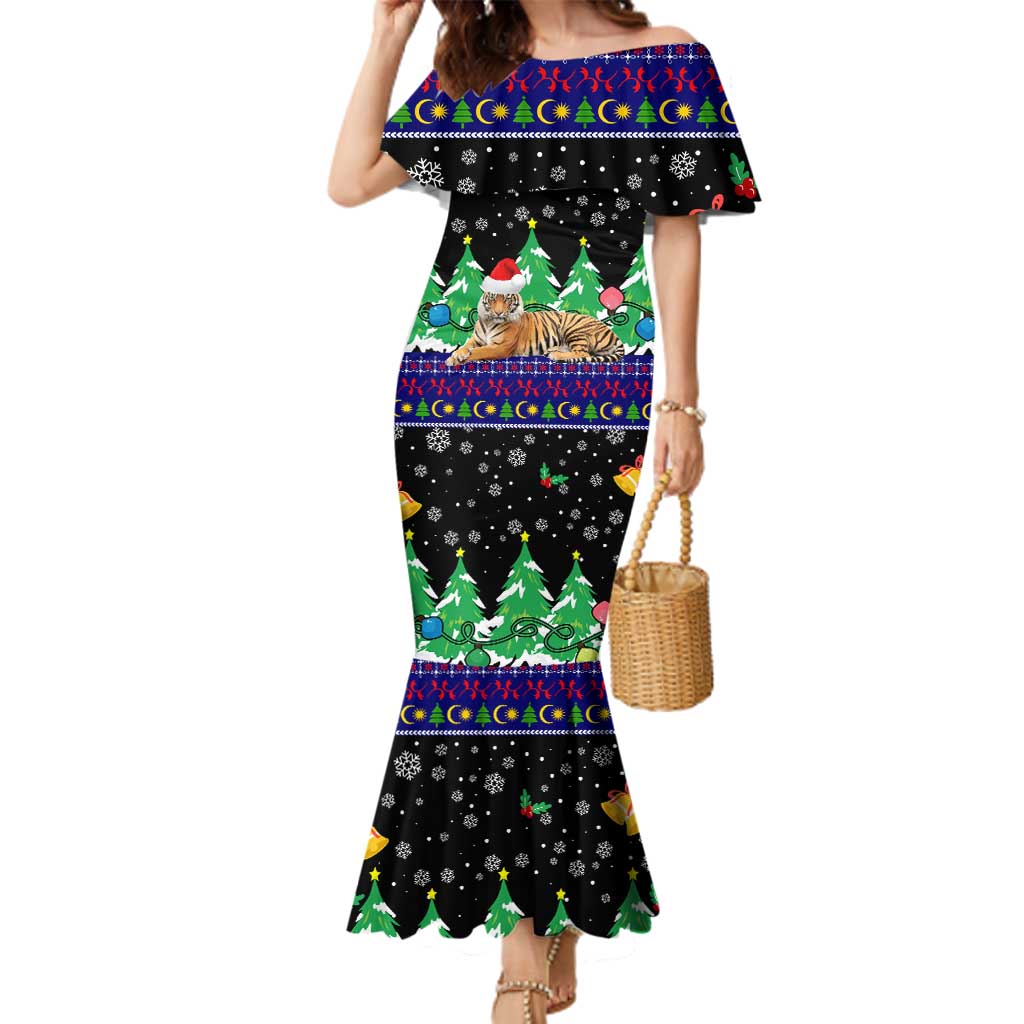 Malaysia Christmas Family Matching Mermaid Dress and Hawaiian Shirt with Tiger Santa Hat Snowflakes and Holiday Tree Pattern - Wonder Print Shop