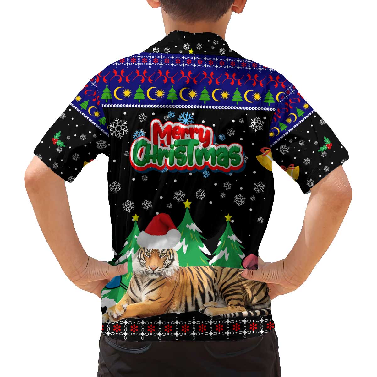 Malaysia Christmas Family Matching Off The Shoulder Long Sleeve Dress and Hawaiian Shirt with Tiger Santa Hat Snowflakes and Holiday Tree Pattern - Wonder Print Shop