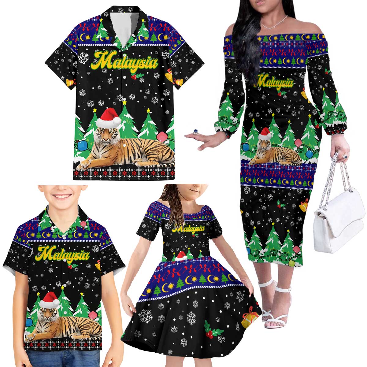 Malaysia Christmas Family Matching Off The Shoulder Long Sleeve Dress and Hawaiian Shirt with Tiger Santa Hat Snowflakes and Holiday Tree Pattern - Wonder Print Shop