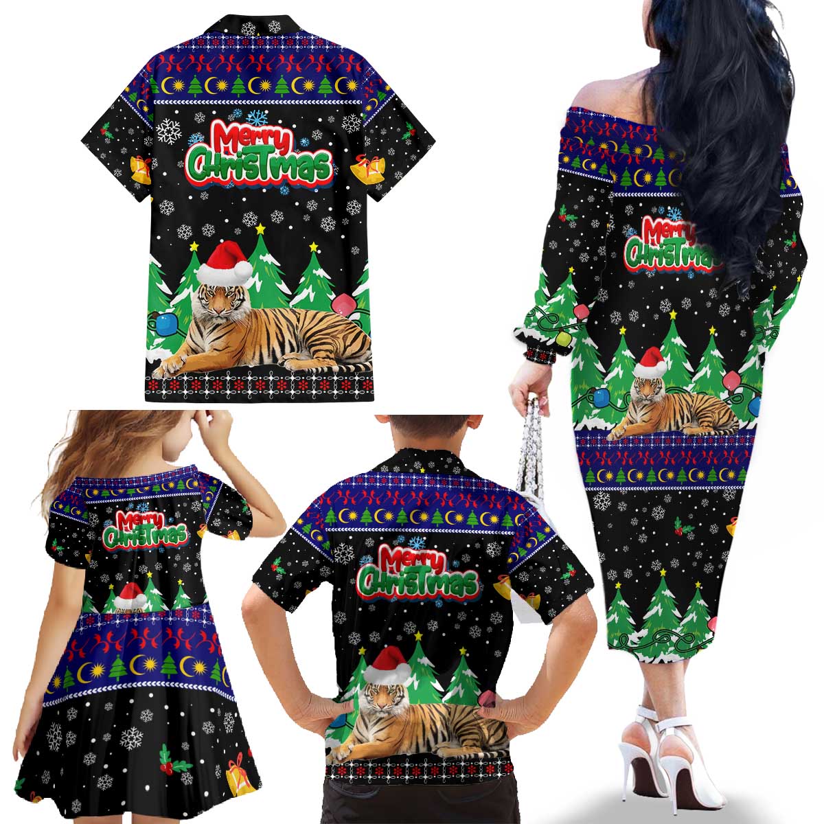 Malaysia Christmas Family Matching Off The Shoulder Long Sleeve Dress and Hawaiian Shirt with Tiger Santa Hat Snowflakes and Holiday Tree Pattern - Wonder Print Shop