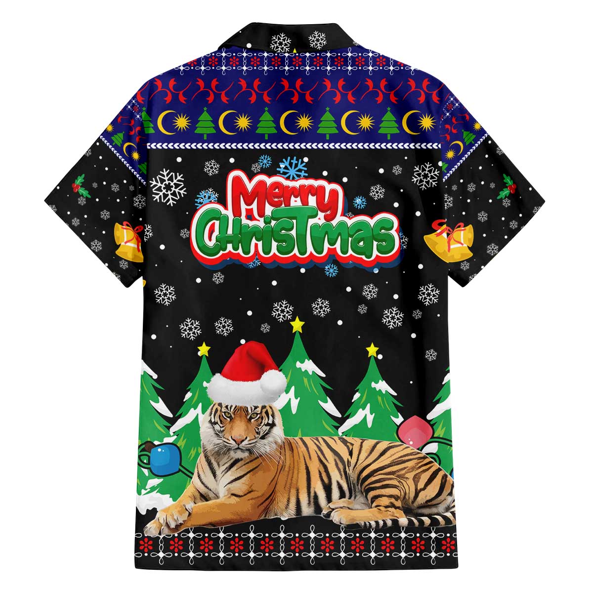 Malaysia Christmas Family Matching Off The Shoulder Long Sleeve Dress and Hawaiian Shirt with Tiger Santa Hat Snowflakes and Holiday Tree Pattern - Wonder Print Shop