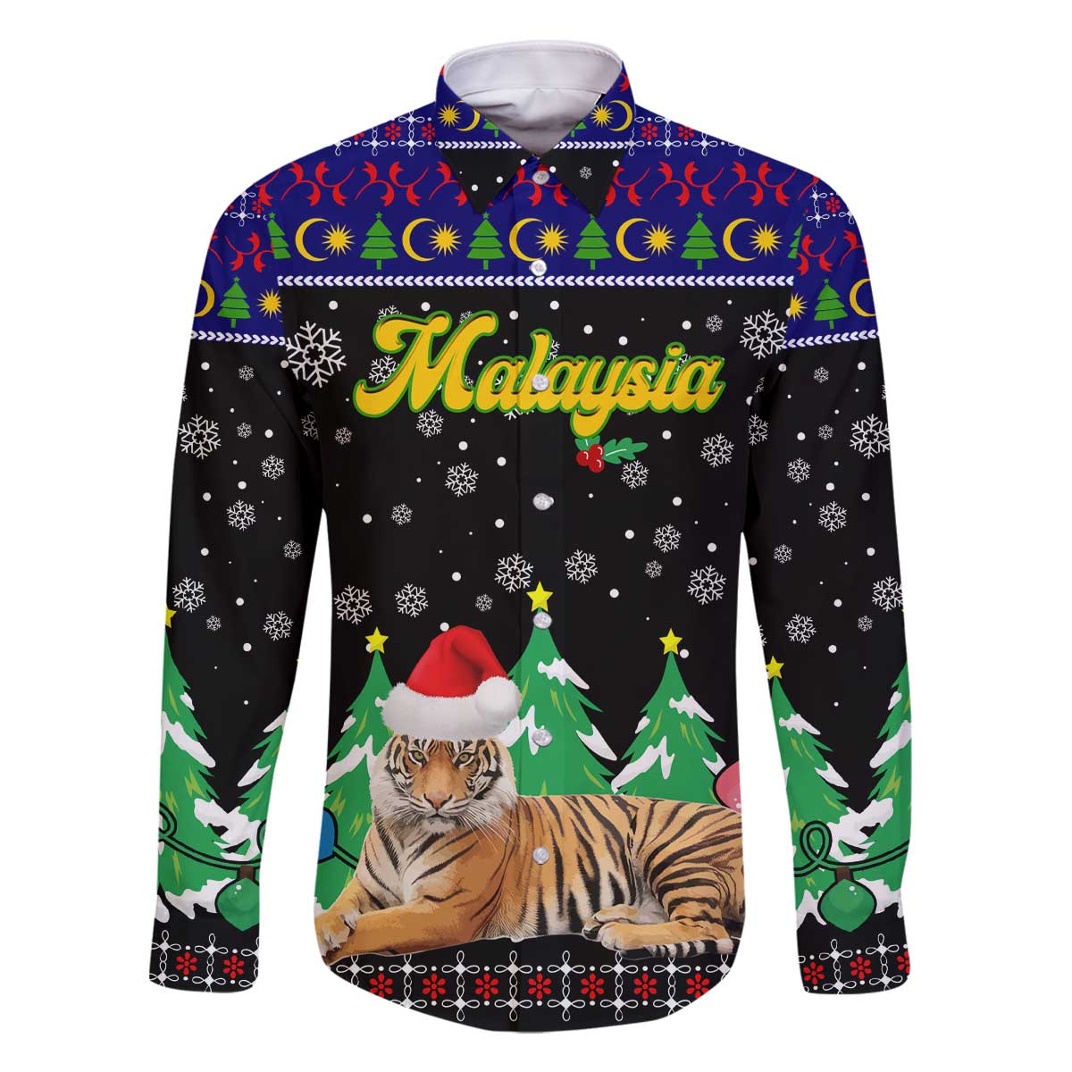 Malaysia Christmas Family Matching Off The Shoulder Long Sleeve Dress and Hawaiian Shirt with Tiger Santa Hat Snowflakes and Holiday Tree Pattern - Wonder Print Shop