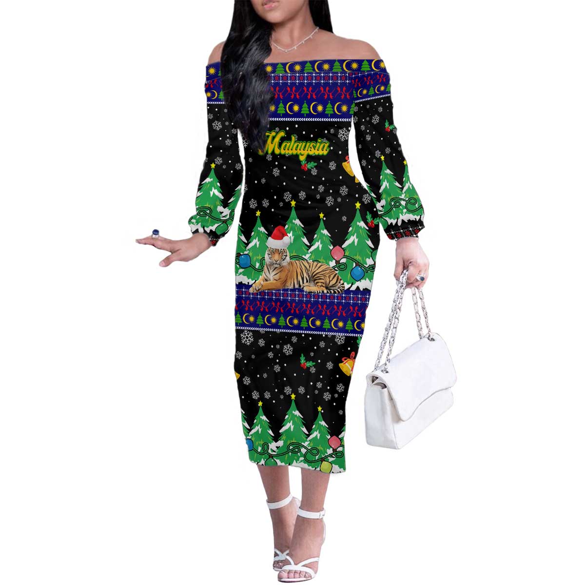 Malaysia Christmas Family Matching Off The Shoulder Long Sleeve Dress and Hawaiian Shirt with Tiger Santa Hat Snowflakes and Holiday Tree Pattern - Wonder Print Shop
