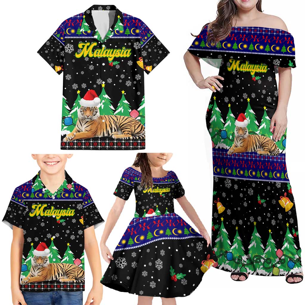 Malaysia Christmas Family Matching Off Shoulder Maxi Dress and Hawaiian Shirt with Tiger Santa Hat Snowflakes and Holiday Tree Pattern - Wonder Print Shop
