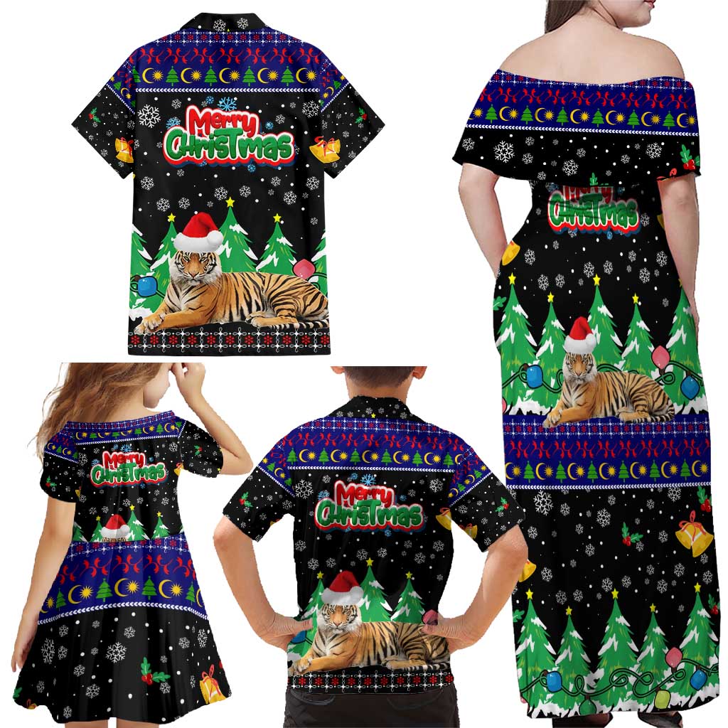 Malaysia Christmas Family Matching Off Shoulder Maxi Dress and Hawaiian Shirt with Tiger Santa Hat Snowflakes and Holiday Tree Pattern - Wonder Print Shop