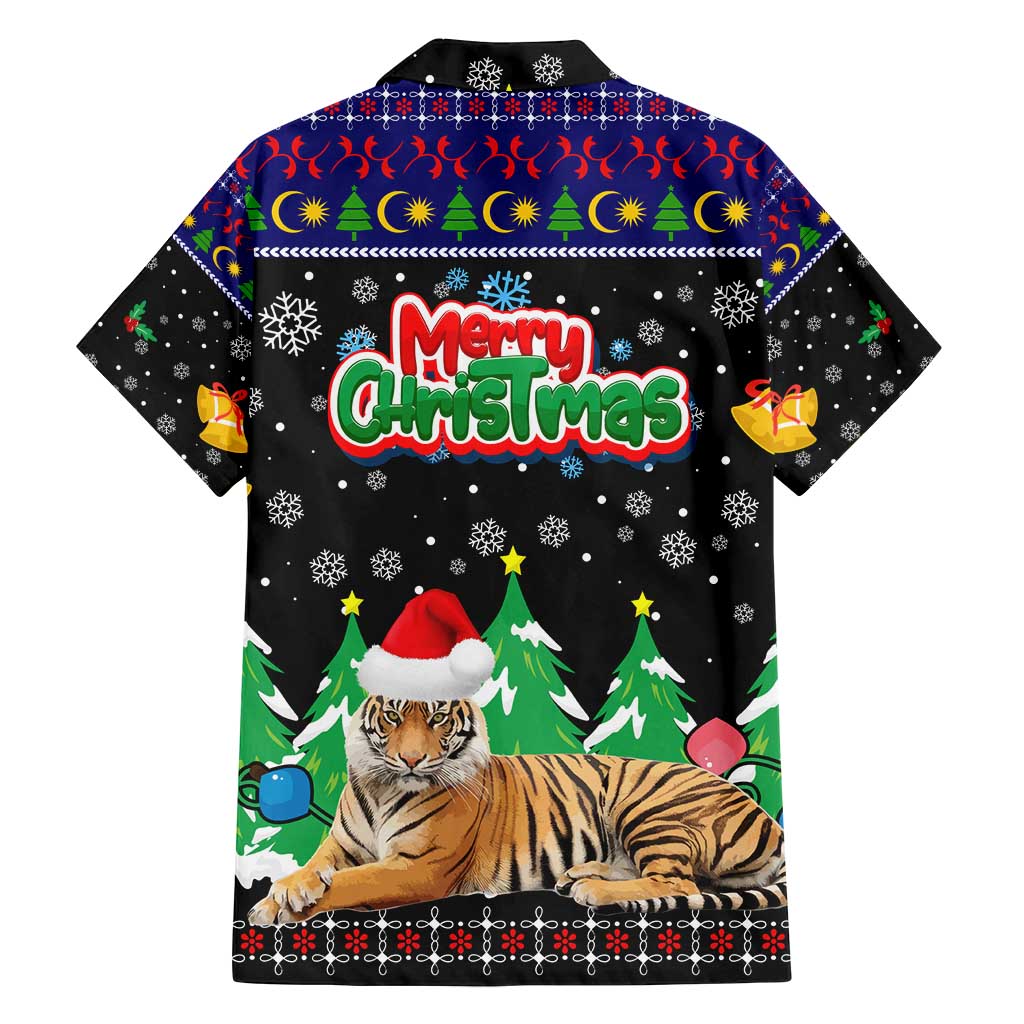 Malaysia Christmas Family Matching Off Shoulder Maxi Dress and Hawaiian Shirt with Tiger Santa Hat Snowflakes and Holiday Tree Pattern - Wonder Print Shop