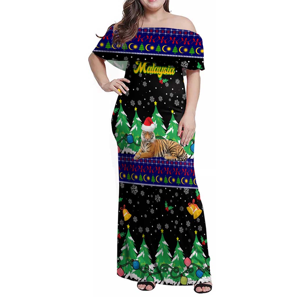 Malaysia Christmas Family Matching Off Shoulder Maxi Dress and Hawaiian Shirt with Tiger Santa Hat Snowflakes and Holiday Tree Pattern - Wonder Print Shop