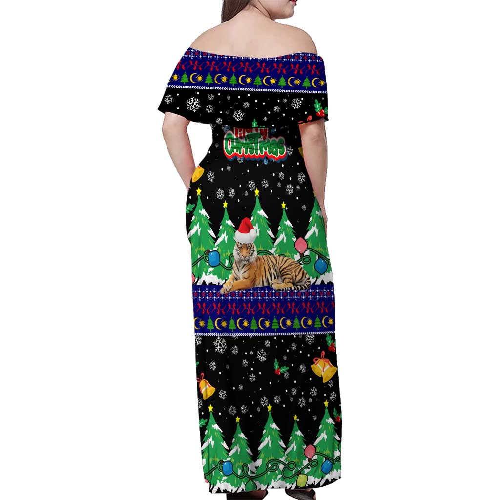 Malaysia Christmas Family Matching Off Shoulder Maxi Dress and Hawaiian Shirt with Tiger Santa Hat Snowflakes and Holiday Tree Pattern - Wonder Print Shop