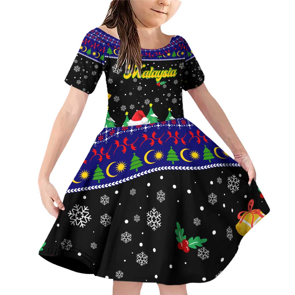 Malaysia Christmas Family Matching Off Shoulder Short Dress and Hawaiian Shirt with Tiger Santa Hat Snowflakes and Holiday Tree Pattern - Wonder Print Shop