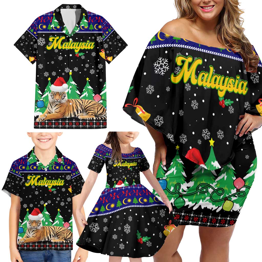Malaysia Christmas Family Matching Off Shoulder Short Dress and Hawaiian Shirt with Tiger Santa Hat Snowflakes and Holiday Tree Pattern - Wonder Print Shop