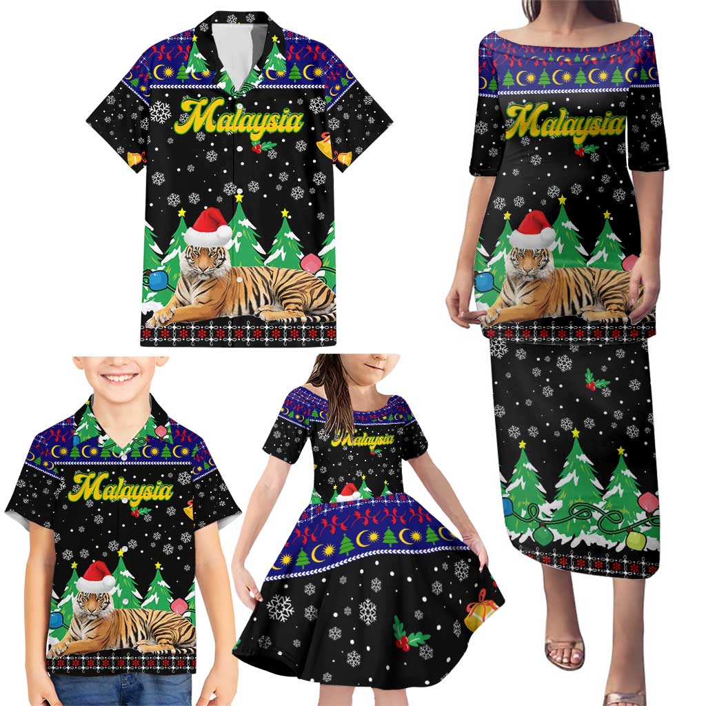 Malaysia Christmas Family Matching Puletasi and Hawaiian Shirt with Tiger Santa Hat Snowflakes and Holiday Tree Pattern - Wonder Print Shop