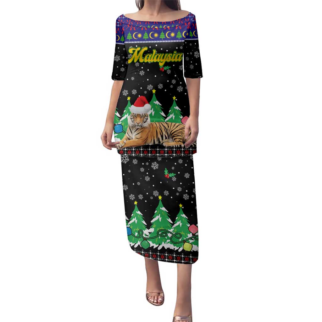 Malaysia Christmas Family Matching Puletasi and Hawaiian Shirt with Tiger Santa Hat Snowflakes and Holiday Tree Pattern - Wonder Print Shop