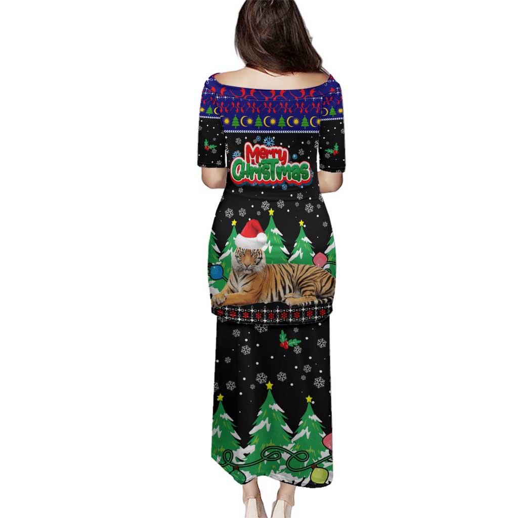Malaysia Christmas Family Matching Puletasi and Hawaiian Shirt with Tiger Santa Hat Snowflakes and Holiday Tree Pattern - Wonder Print Shop