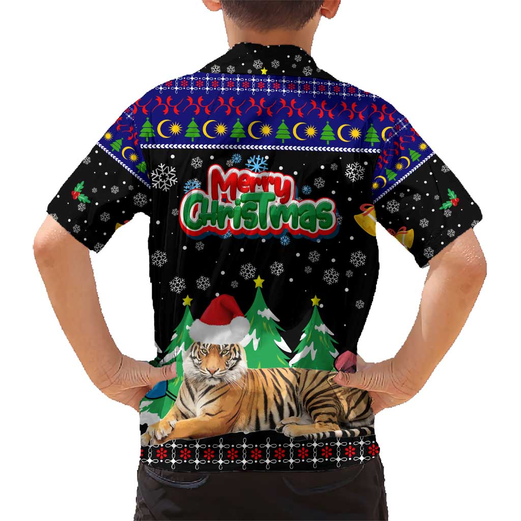Malaysia Christmas Family Matching Short Sleeve Bodycon Dress and Hawaiian Shirt with Tiger Santa Hat Snowflakes and Holiday Tree Pattern - Wonder Print Shop