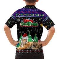 Malaysia Christmas Family Matching Short Sleeve Bodycon Dress and Hawaiian Shirt with Tiger Santa Hat Snowflakes and Holiday Tree Pattern - Wonder Print Shop