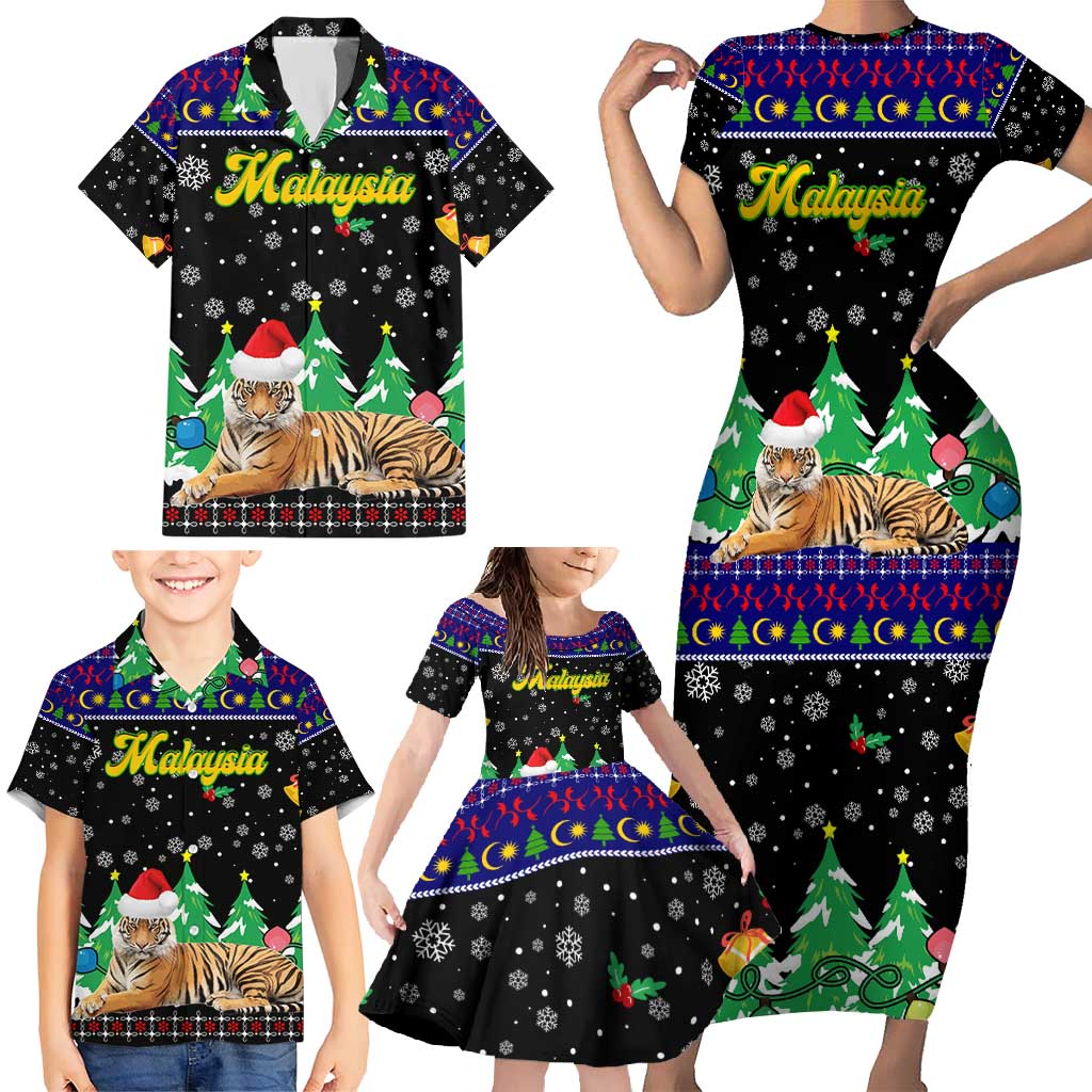 Malaysia Christmas Family Matching Short Sleeve Bodycon Dress and Hawaiian Shirt with Tiger Santa Hat Snowflakes and Holiday Tree Pattern - Wonder Print Shop
