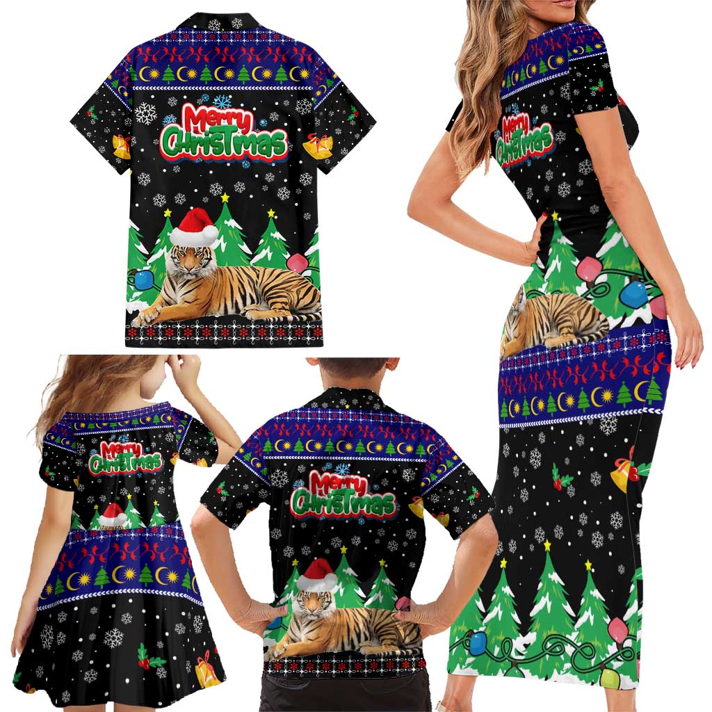 Malaysia Christmas Family Matching Short Sleeve Bodycon Dress and Hawaiian Shirt with Tiger Santa Hat Snowflakes and Holiday Tree Pattern - Wonder Print Shop
