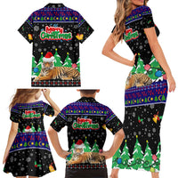 Malaysia Christmas Family Matching Short Sleeve Bodycon Dress and Hawaiian Shirt with Tiger Santa Hat Snowflakes and Holiday Tree Pattern - Wonder Print Shop