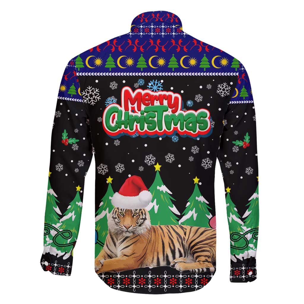 Malaysia Christmas Family Matching Short Sleeve Bodycon Dress and Hawaiian Shirt with Tiger Santa Hat Snowflakes and Holiday Tree Pattern - Wonder Print Shop