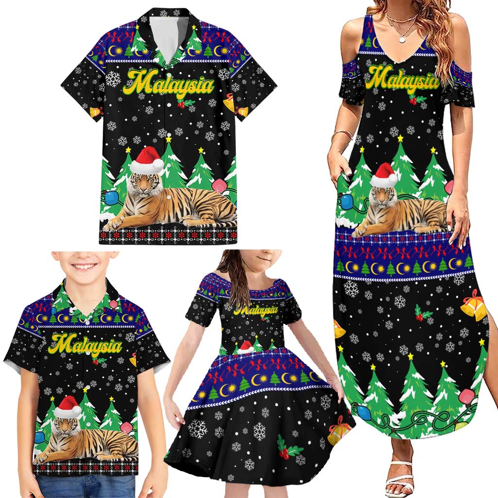 Malaysia Christmas Family Matching Summer Maxi Dress and Hawaiian Shirt with Tiger Santa Hat Snowflakes and Holiday Tree Pattern - Wonder Print Shop