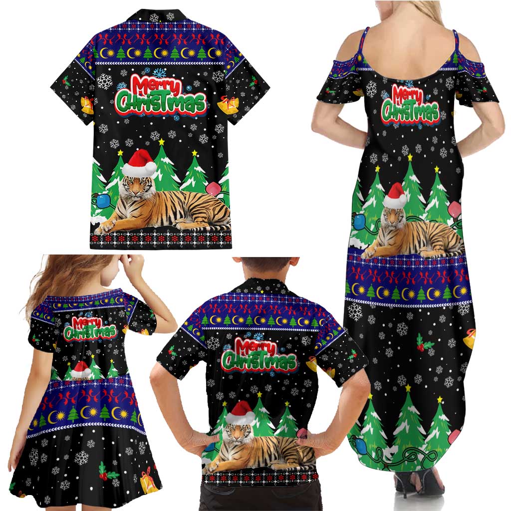 Malaysia Christmas Family Matching Summer Maxi Dress and Hawaiian Shirt with Tiger Santa Hat Snowflakes and Holiday Tree Pattern - Wonder Print Shop