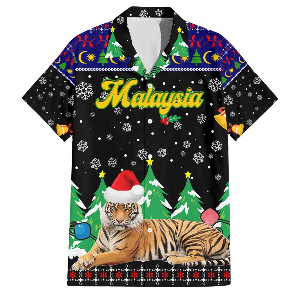Malaysia Christmas Family Matching Summer Maxi Dress and Hawaiian Shirt with Tiger Santa Hat Snowflakes and Holiday Tree Pattern - Wonder Print Shop