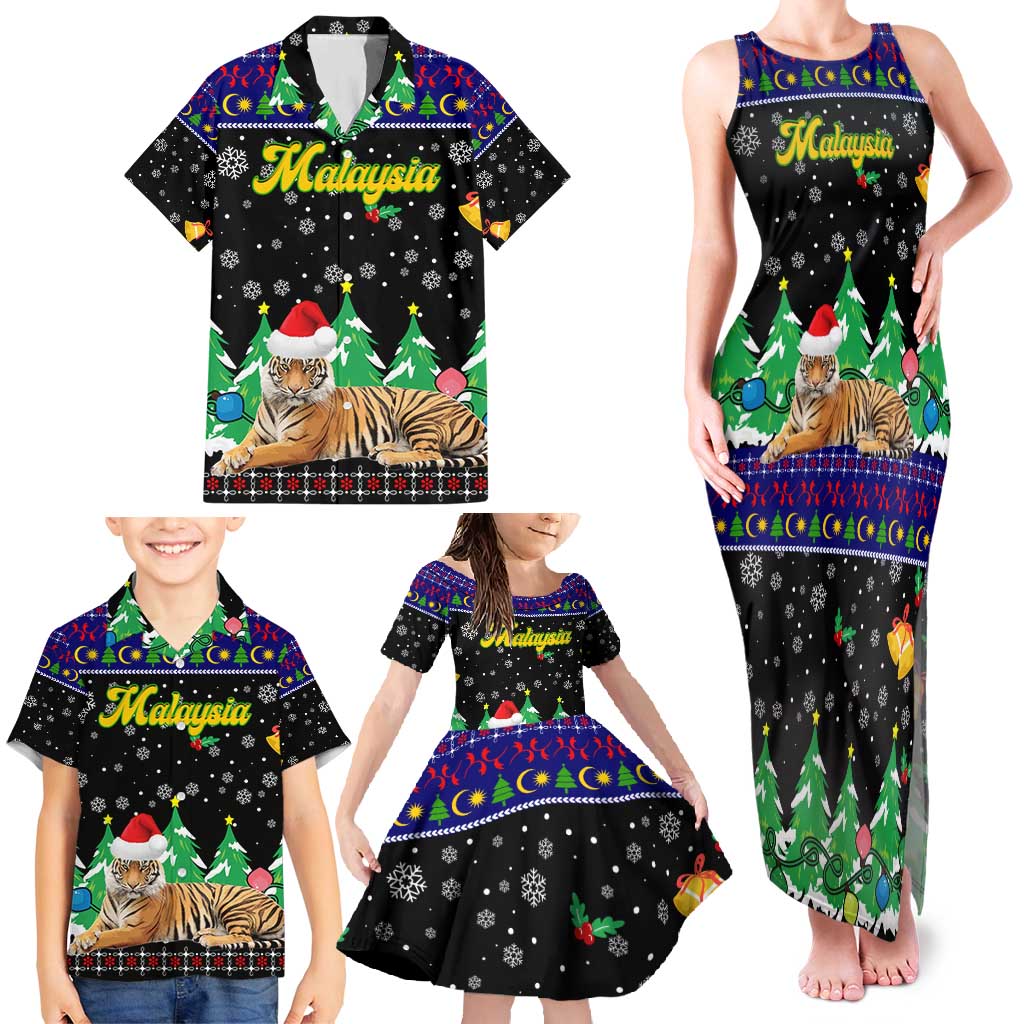 Malaysia Christmas Family Matching Tank Maxi Dress and Hawaiian Shirt with Tiger Santa Hat Snowflakes and Holiday Tree Pattern - Wonder Print Shop