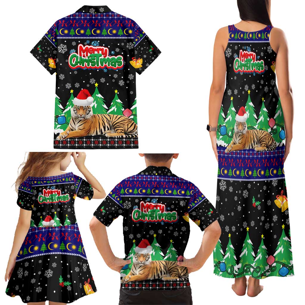 Malaysia Christmas Family Matching Tank Maxi Dress and Hawaiian Shirt with Tiger Santa Hat Snowflakes and Holiday Tree Pattern - Wonder Print Shop