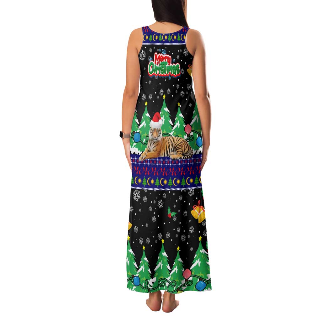 Malaysia Christmas Family Matching Tank Maxi Dress and Hawaiian Shirt with Tiger Santa Hat Snowflakes and Holiday Tree Pattern - Wonder Print Shop