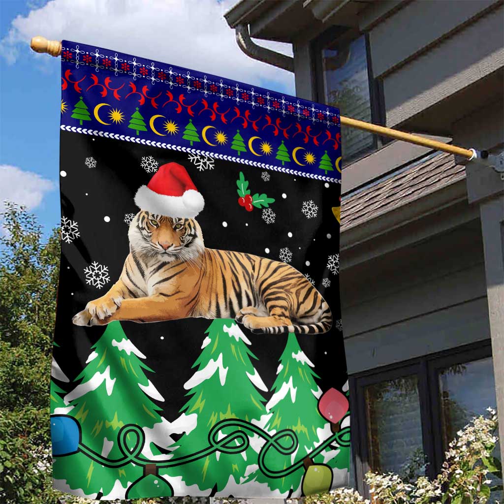 Malaysia Christmas Garden Flag with Tiger Santa Hat Snowflakes and Holiday Tree Pattern - Wonder Print Shop
