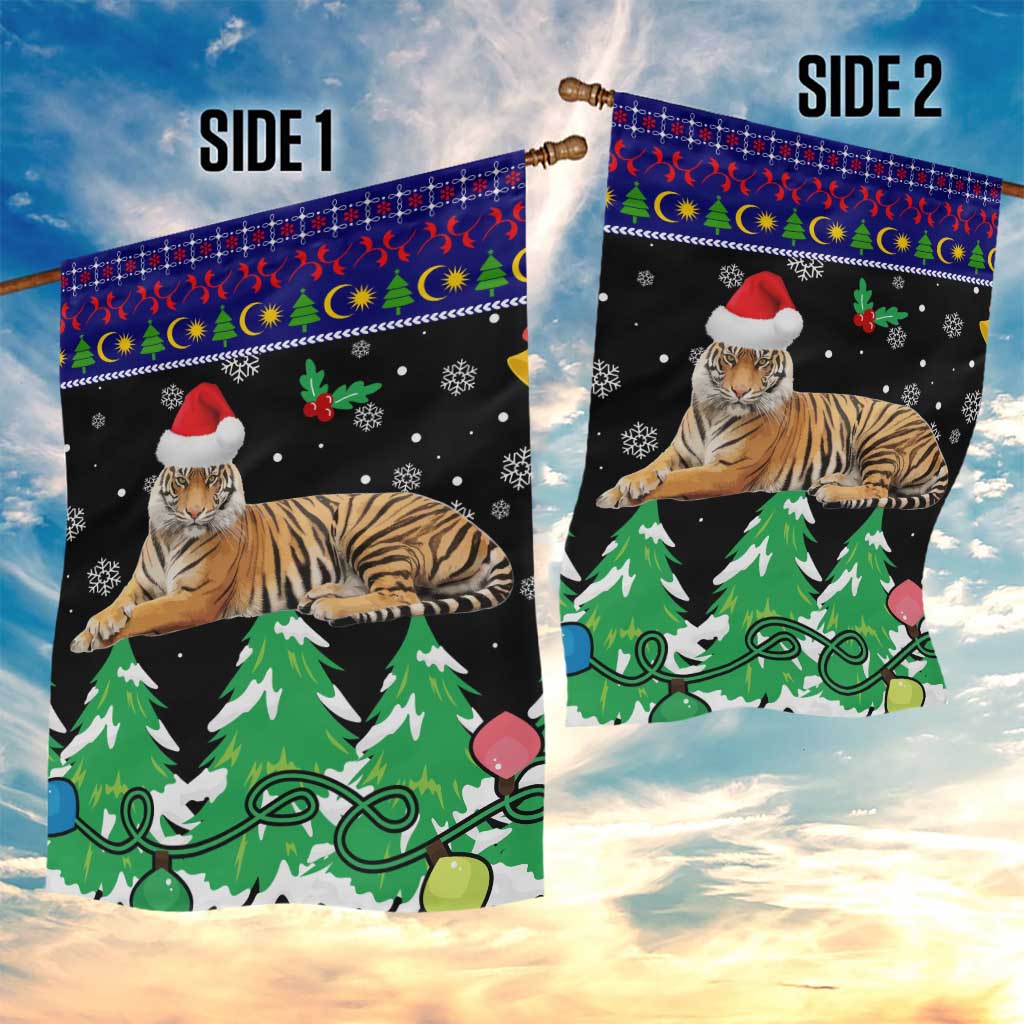 Malaysia Christmas Garden Flag with Tiger Santa Hat Snowflakes and Holiday Tree Pattern - Wonder Print Shop