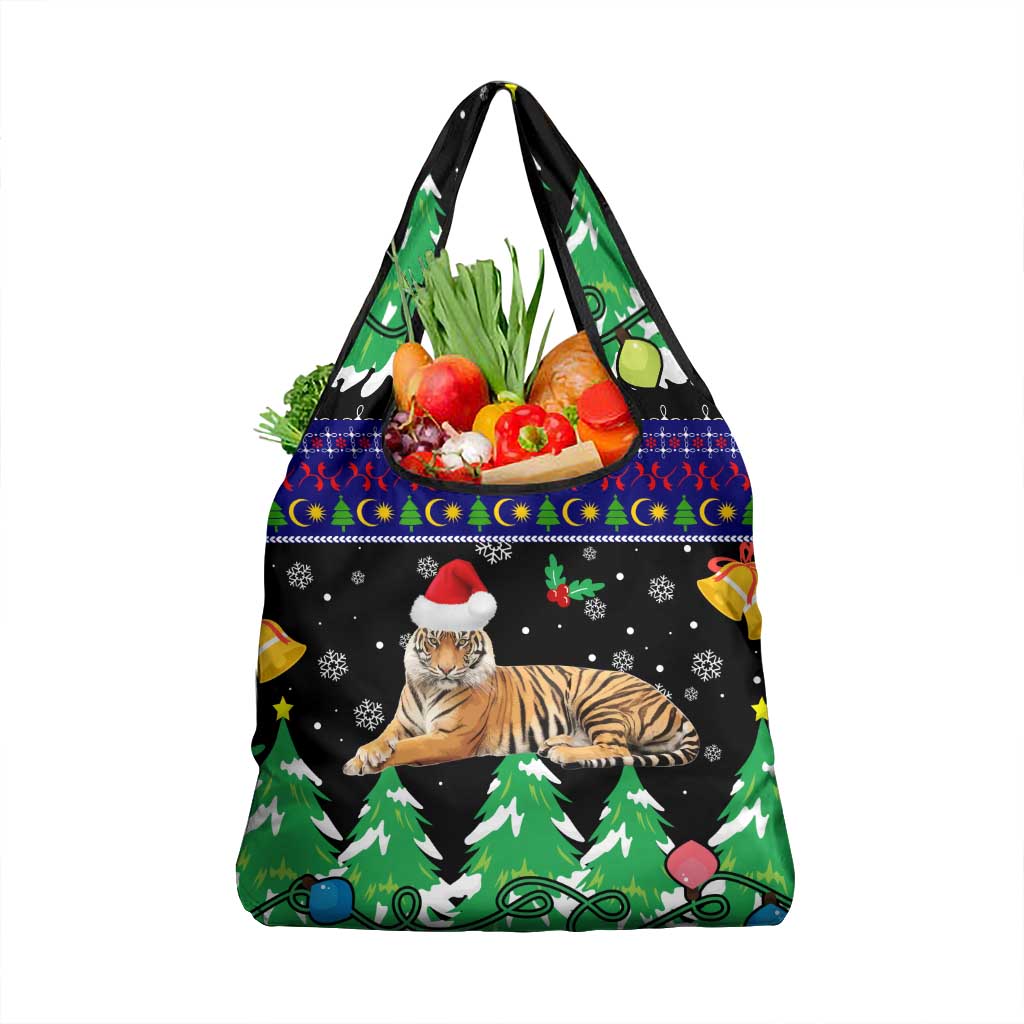 Malaysia Christmas Grocery Bag with Tiger Santa Hat Snowflakes and Holiday Tree Pattern - Wonder Print Shop