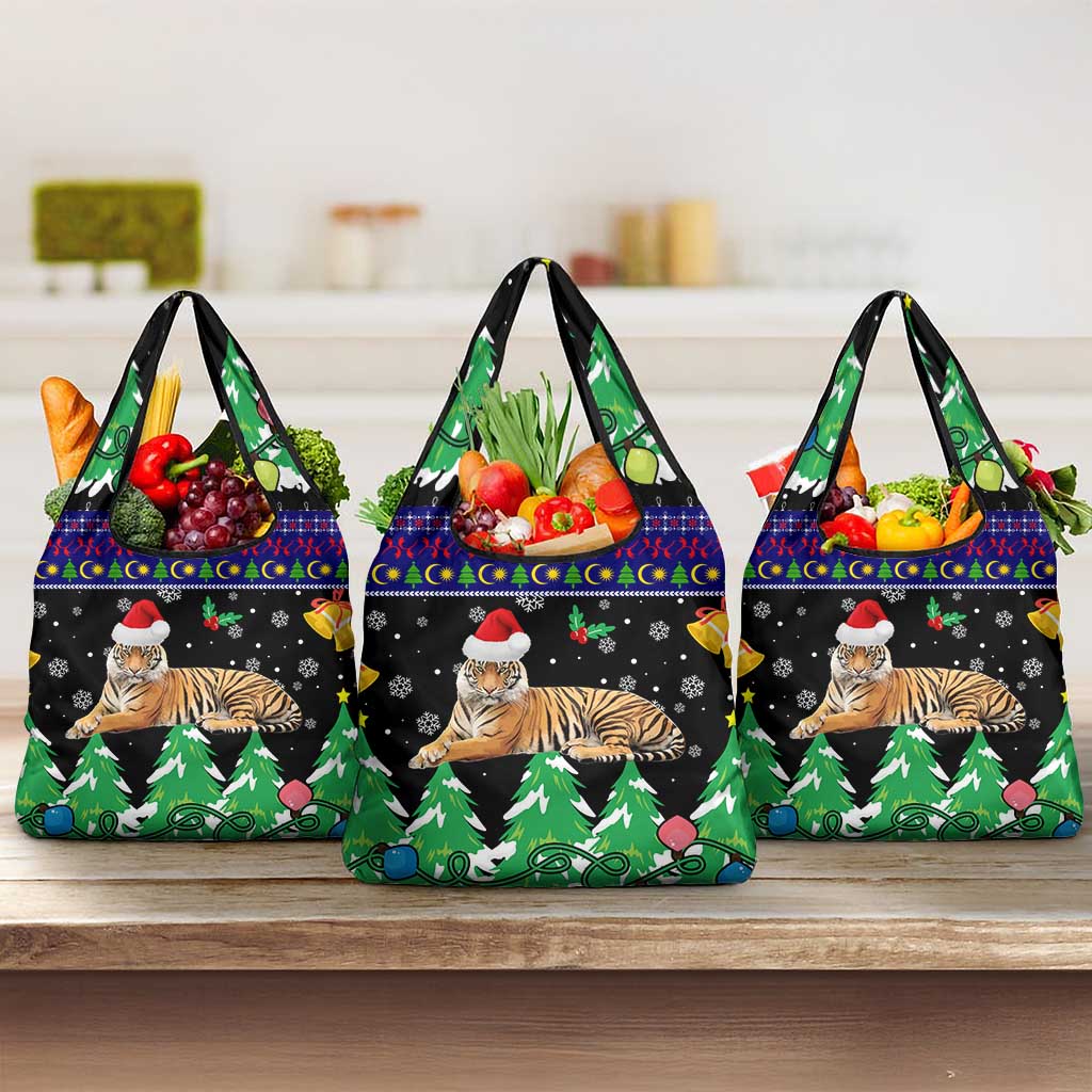 Malaysia Christmas Grocery Bag with Tiger Santa Hat Snowflakes and Holiday Tree Pattern - Wonder Print Shop