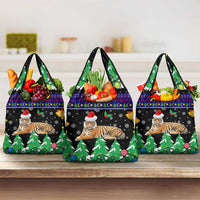 Malaysia Christmas Grocery Bag with Tiger Santa Hat Snowflakes and Holiday Tree Pattern - Wonder Print Shop