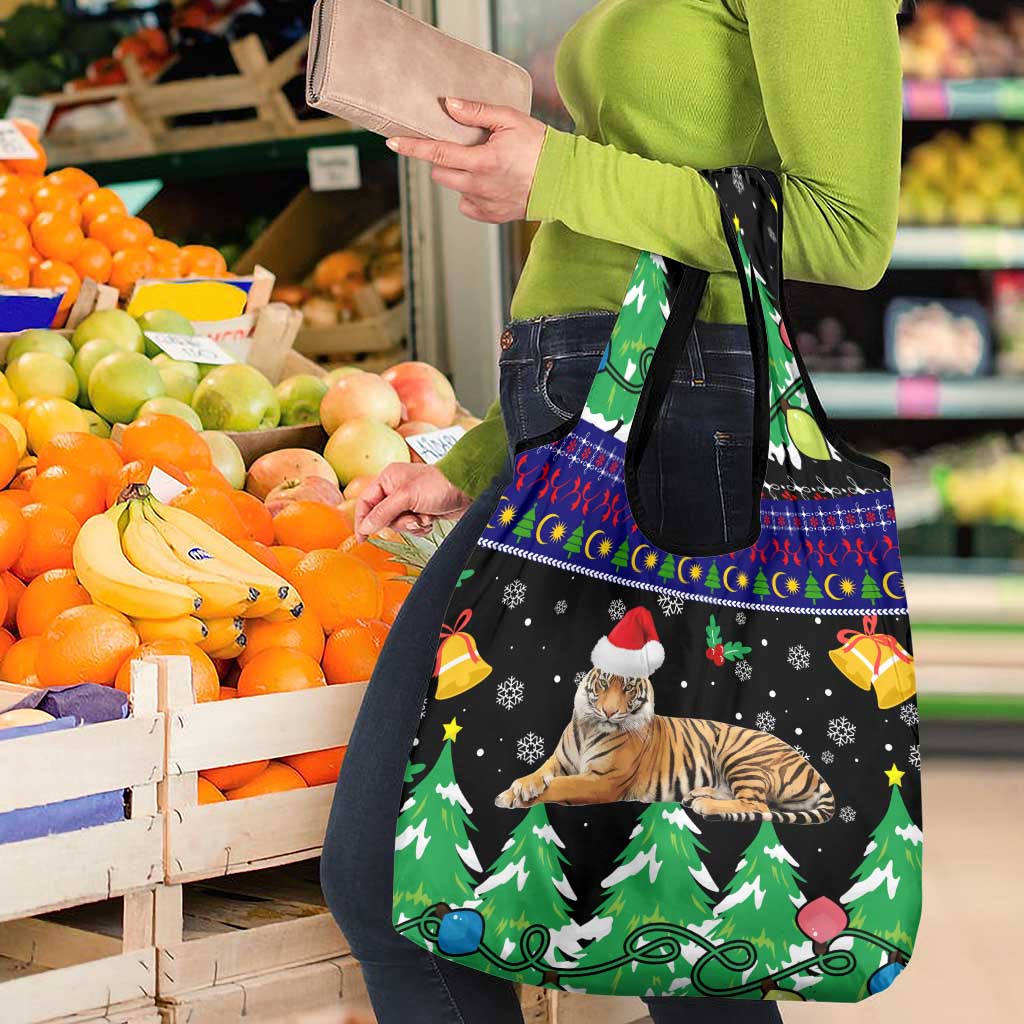 Malaysia Christmas Grocery Bag with Tiger Santa Hat Snowflakes and Holiday Tree Pattern - Wonder Print Shop