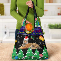 Malaysia Christmas Grocery Bag with Tiger Santa Hat Snowflakes and Holiday Tree Pattern - Wonder Print Shop
