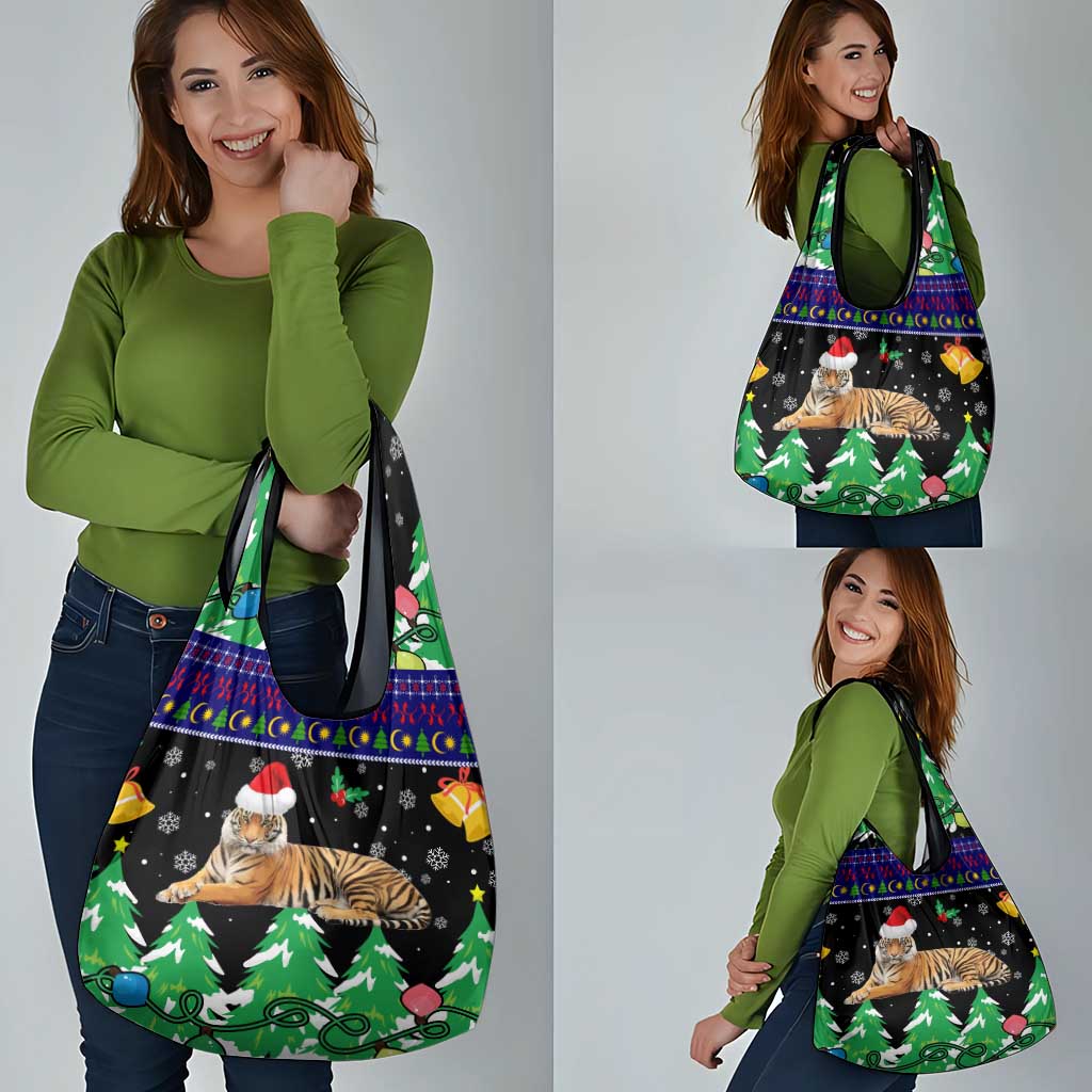 Malaysia Christmas Grocery Bag with Tiger Santa Hat Snowflakes and Holiday Tree Pattern - Wonder Print Shop