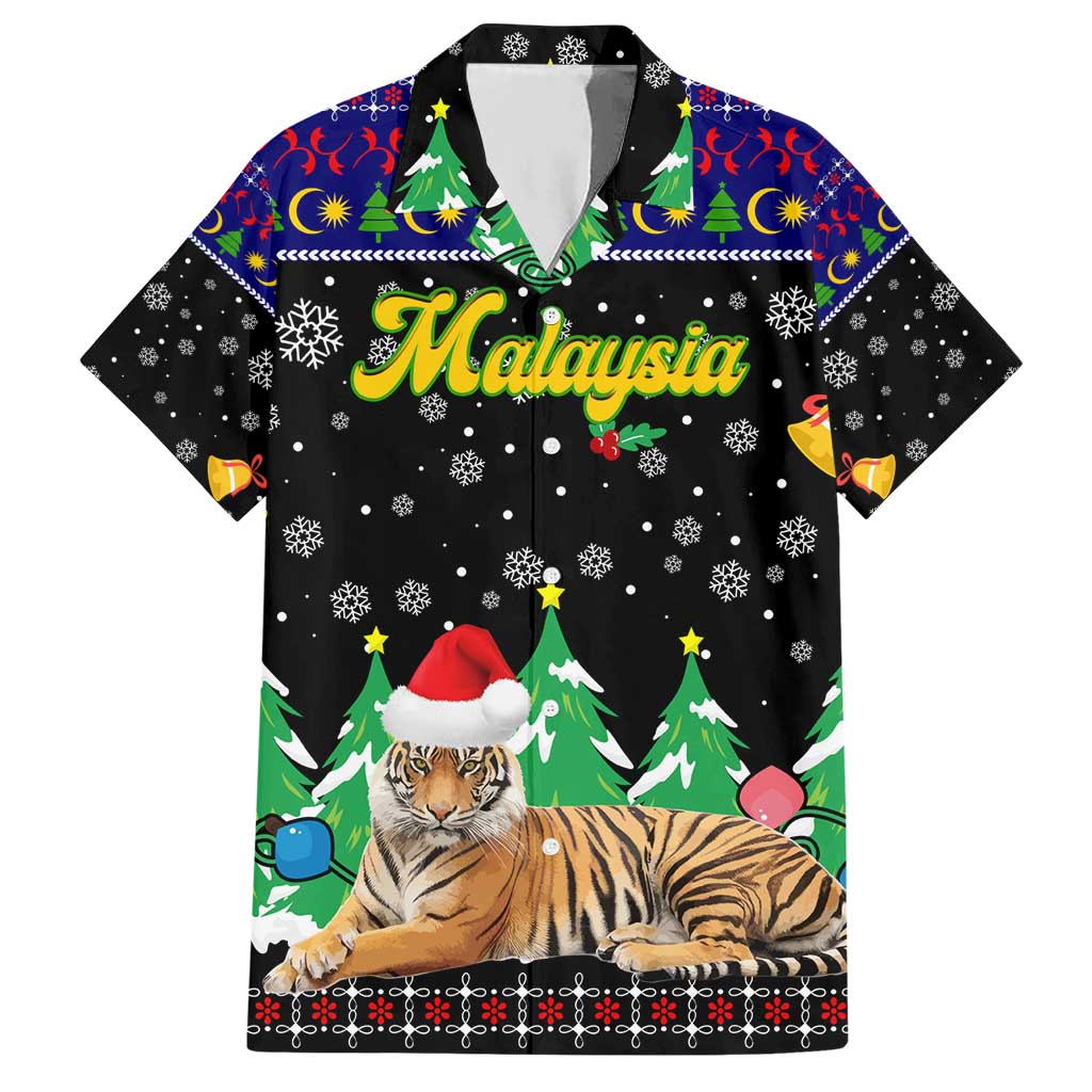Malaysia Christmas Hawaiian Shirt with Tiger Santa Hat Snowflakes and Holiday Tree Pattern - Wonder Print Shop