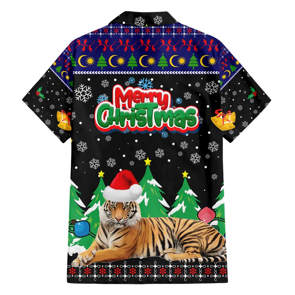 Malaysia Christmas Hawaiian Shirt with Tiger Santa Hat Snowflakes and Holiday Tree Pattern - Wonder Print Shop