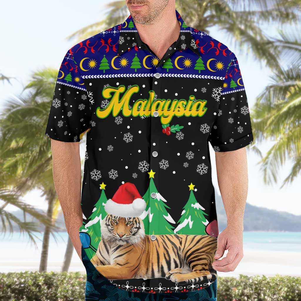 Malaysia Christmas Hawaiian Shirt with Tiger Santa Hat Snowflakes and Holiday Tree Pattern - Wonder Print Shop