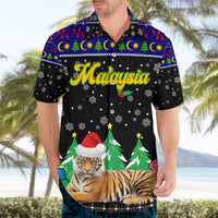 Malaysia Christmas Hawaiian Shirt with Tiger Santa Hat Snowflakes and Holiday Tree Pattern - Wonder Print Shop