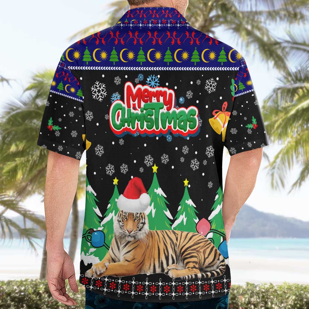 Malaysia Christmas Hawaiian Shirt with Tiger Santa Hat Snowflakes and Holiday Tree Pattern - Wonder Print Shop