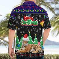Malaysia Christmas Hawaiian Shirt with Tiger Santa Hat Snowflakes and Holiday Tree Pattern - Wonder Print Shop