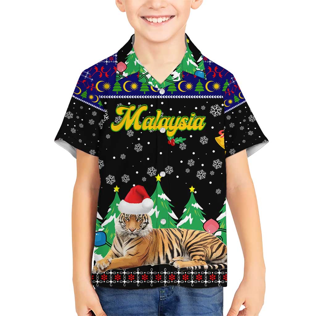 Malaysia Christmas Hawaiian Shirt with Tiger Santa Hat Snowflakes and Holiday Tree Pattern - Wonder Print Shop