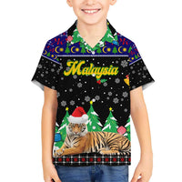 Malaysia Christmas Hawaiian Shirt with Tiger Santa Hat Snowflakes and Holiday Tree Pattern - Wonder Print Shop