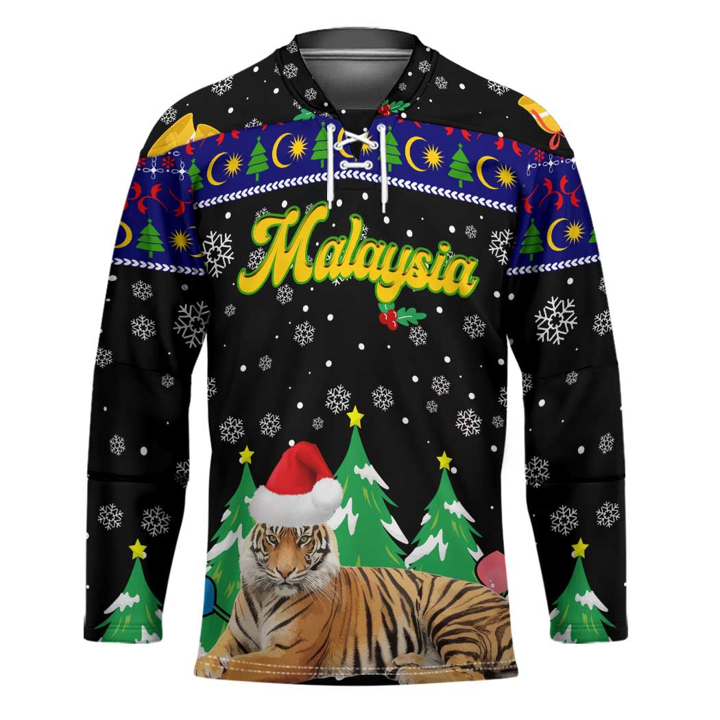 Malaysia Christmas Hockey Jersey with Tiger Santa Hat Snowflakes and Holiday Tree Pattern - Wonder Print Shop