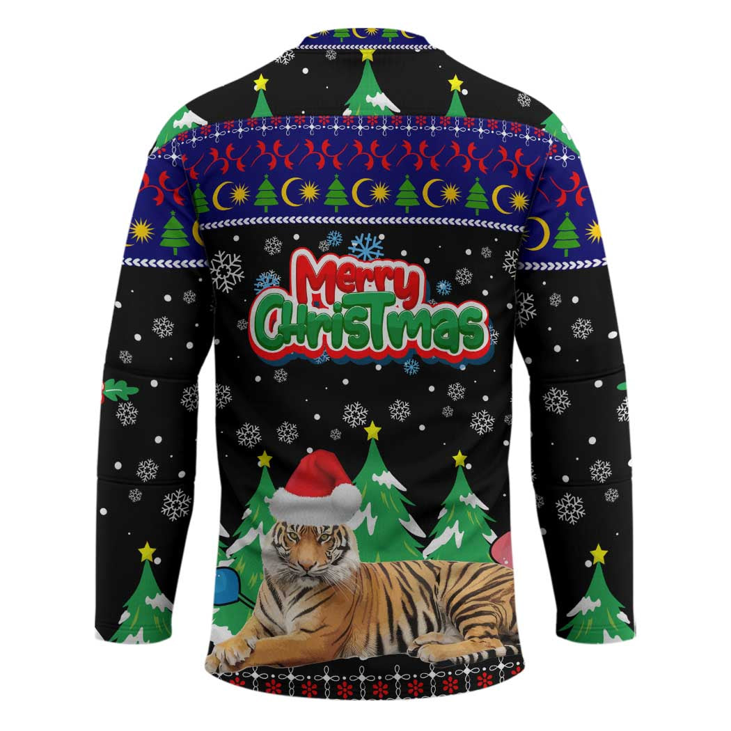 Malaysia Christmas Hockey Jersey with Tiger Santa Hat Snowflakes and Holiday Tree Pattern - Wonder Print Shop